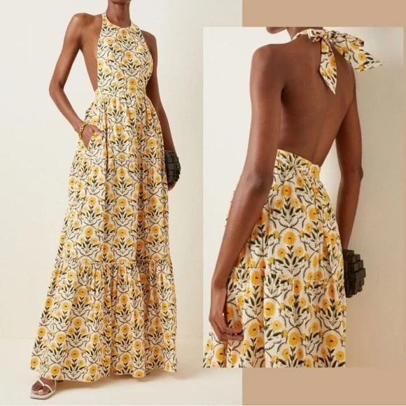 Agua by Agua Bendita Naranja Mimosa Halter Yellow Floral Maxi Dress Size S - Picture 4 of 12